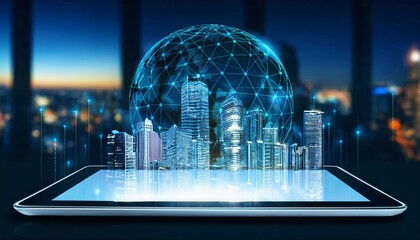 Poster - Digital tablet with global network connection technology and modern buildings hologram. Generated image