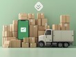 © EddieSnapix - A mobile device with a green screen is positioned among stacked cardboard boxes. A delivery truck is placed nearby, indicating an organized shipping environment focused on logistics