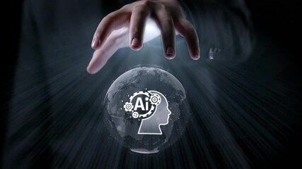 Poster - human interact with ai artificial intelligence brain processor in concept of ai artificial intellige