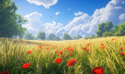 Fototapete - Lush meadow with golden wheat and scattered red poppies under a brilliant blue sky, embodying the beauty of summer fields