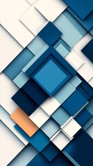 Wall Mural - Abstract geometric design with shades of blue, white, and a touch of orange.  A visually striking pattern of overlapping squares.