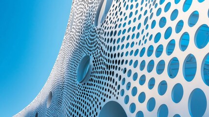 Poster - The striking wall of a contemporary building showcases intricate circular cutouts, reflecting sunlight. Surrounded by a vibrant blue sky, the design evokes a sense of modern elegance and creativity