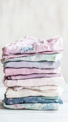 Poster - Delicate cotton clothing items in soothing pastel colors are neatly arranged in a tidy stack. The gentle hues create a calming effect, perfect for a stylish wardrobe
