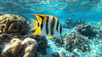Poster - Beneath the surface, a vibrant coral reef flourishes, where myriad colorful fish gracefully navigate through crystalline waters, showcasing the beauty of marine life at midday