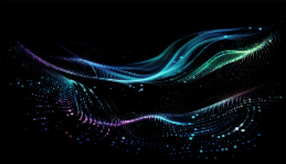 Aufkleber - Vector illustration features graceful, multicolored waves of particles flowing smoothly on a black background, symbolizing digital fluidity and modernity with a vibrant, artistic look.