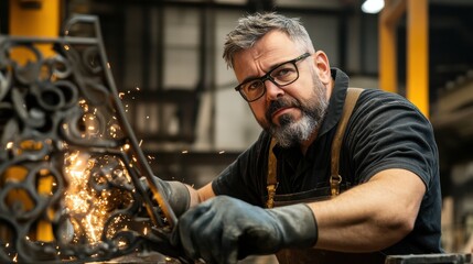 Poster - A man wearing a black shirt and apron is working on a piece of metal