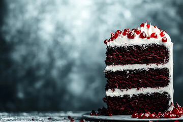 Wall Mural - A slice of dark red cake layered with white frosting topped with red berries on a textured background.