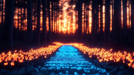 Canvas Print - Enchanted forest path glowing with vibrant blue and orange lights. Magical, surreal atmosphere.