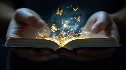 Poster - A person is holding an open book with butterflies flying out of it
