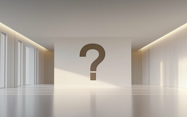 Poster - Interior space with minimalist design and question mark on the wall. Modern interior features a clean bright space with minimalist design elements. The interior space is illuminated by natural light