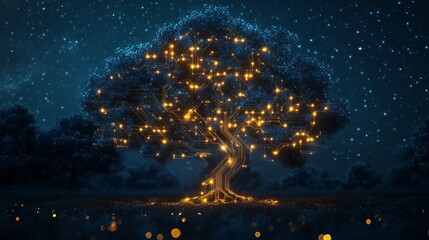 Poster - Digital Tree Network Glowing Circuitry Branches Night Sky Abstract Technology Nature Background Illustration Artistic Design Futuristic Concept Modern