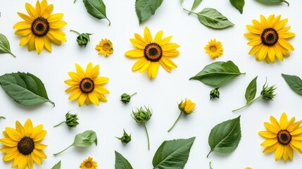 Aufkleber - A stunning array of bright yellow sunflowers and lush green leaves spread across a light background, capturing the essence of summer's warmth and vitality. Nature comes alive in this colorful display
