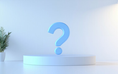 Fototapete - Question mark on a pedestal with plant against a white wall in 3d rendering. Question mark on display. Question mark and graphic resources