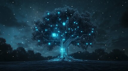 Poster - Digital Tree Network Technology Abstract Night Scene Futuristic Illuminated Branches Glowing Circuit Board Design Modern Elegant Artistic Background  