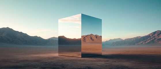 Leinwandbilder - Reflective metallic cube in a vast desert landscape at sunset, with majestic mountains in the background Surreal and minimalist concept of art, nature, and illusion