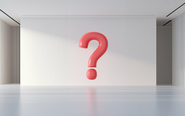 Poster - Red question mark in white interior design art installation. Question mark art installation in bright interior. Question mark in modern interior design