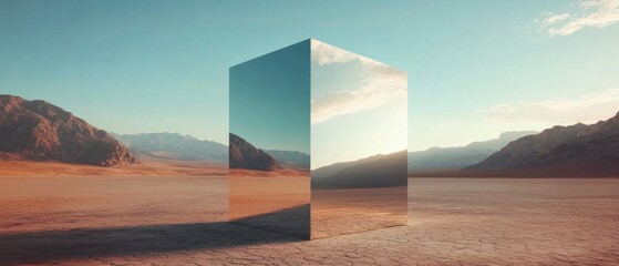 Leinwandbilder - Reflective metallic monolith in a vast, cracked desert landscape at sunset Surreal mirrored cube reflecting the sky and mountains Concepts of illusion, reality, and minimalism