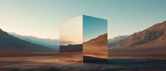 Leinwandbilder - Reflective metallic monolith in a vast, desolate landscape at sunset Surreal desert scene with mirrored cube reflecting the mountains and sky Concepts of solitude, mystery, and otherworldly beauty