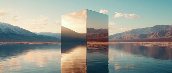 Poster - Reflective metallic monolith in serene desert landscape at sunset Mirrored cube reflecting mountains and sky in tranquil water, creating a surreal and futuristic scene Concept of mystery, minimalism,