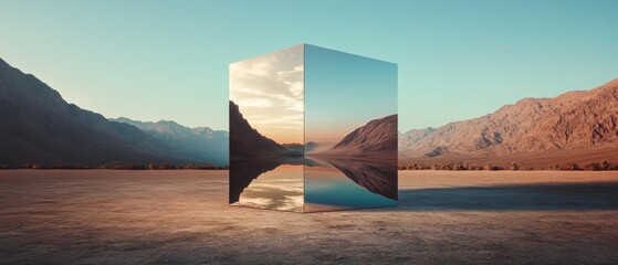 Leinwandbilder - Reflective metallic cube in a desert landscape at sunset Mirrored cube reflecting mountains and a serene lake, creating a surreal and artistic scene Concepts of illusion, reflection, and desert beauty