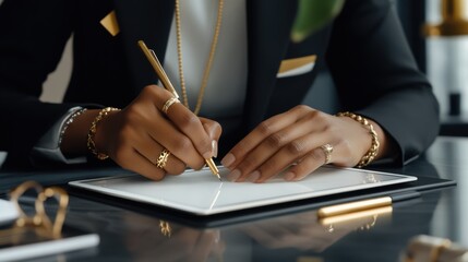Aufkleber - A woman in a suit is writing on a white piece of paper