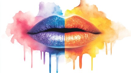 Poster - Vibrant lips, half blue and half orange, dripping with watercolor paint. A striking image of beauty and color.