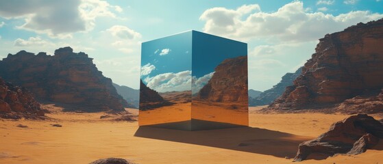 Poster - Mysterious reflective metallic cube in a vast desert landscape, Wadi Rum, Jordan Surreal concept of mystery, discovery, and the unknown in a breathtaking natural setting