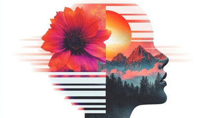 Poster - A vibrant double exposure artwork featuring a woman's profile, a vivid flower, and a breathtaking mountain sunset. Warm colors and a serene mood.