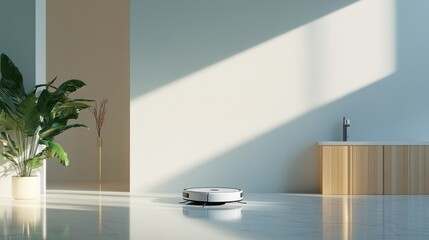 Poster - A white robot vacuum cleaner is in a room with a large window