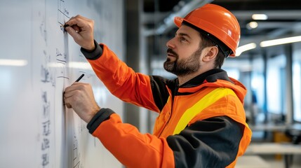 Poster - A man in an orange safety vest is drawing on a whiteboard