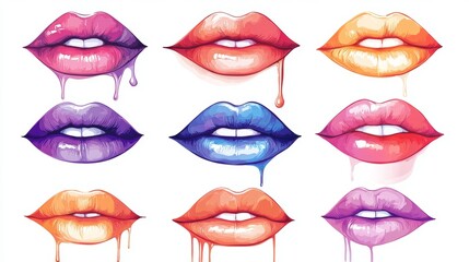 Poster - Collection of vibrant lips with dripping gloss in various colors.  A playful, stylish image.