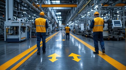 Poster - Three men in yellow vests walk down a factory floor