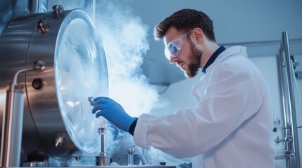 Aufkleber - A man in a lab coat is working with a machine that is producing steam