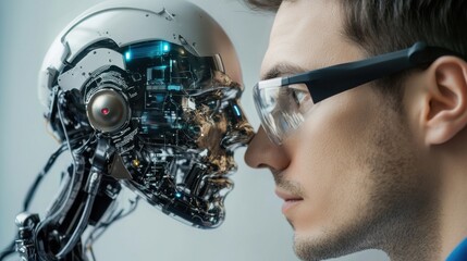 Aufkleber - A man wearing glasses looks at a robot