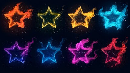 Wall Mural - Eight vibrant, fiery stars burst across a dark background, each a unique color.  A dazzling display of light and energy!