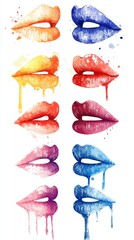 Poster - A vibrant watercolor painting of lips in a variety of colors, dripping with paint.  A bold and artistic image.