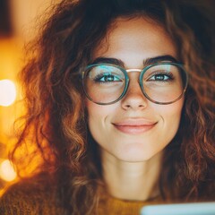 Wall Mural - Close-up portrait of a young woman with curly hair wearing glasses, smiling softly. Warm, inviting mood.