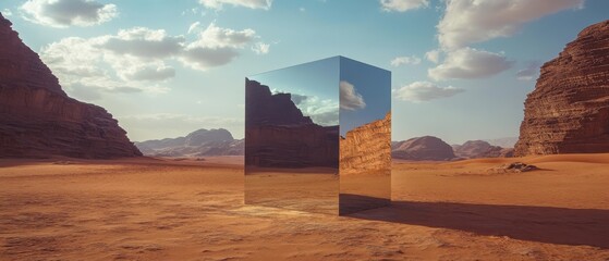 Poster - Mirrored monolith in a vast desert landscape reflecting the sky and mountains Concept of surrealism, mystery, and alternative reality Wadi Rum, Jordan