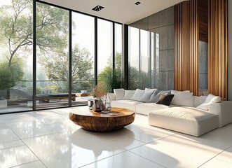 Wall Mural - modern minimalist living room interior with sectional sofa rustic coffee table natural light