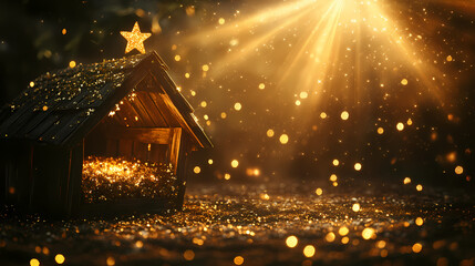 Wall Mural - Ethereal star beam illuminating rustic wooden manger, surrounded by soft golden light and floating dust particles. Ethereal Light Beams. Illustration