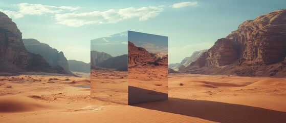 Aufkleber - Mysterious mirrored monolith in a vast desert landscape, reflecting the rugged mountains and orange sand dunes Surreal and futuristic concept of mystery, discovery, and otherworldly beauty