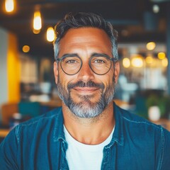 Wall Mural - Portrait of a smiling middle-aged man with graying hair and glasses.  He's wearing a denim shirt in a warm, inviting setting.