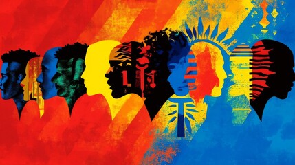 Poster - Unity in Diversity: A vibrant abstract artwork showcasing the interconnectedness of various cultures and identities through a series of colorful, stylized profile portraits.