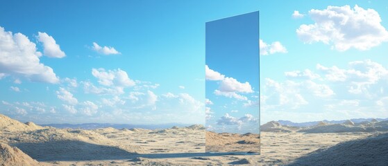 Poster - Surreal desert landscape with a large reflective monolith mirroring the sky and clouds Concept of illusion, reality, and parallel universe