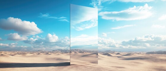 Poster - Surreal desert landscape with a large reflective glass monolith under a cloudy blue sky Concept of illusion, reality, and parallel universe