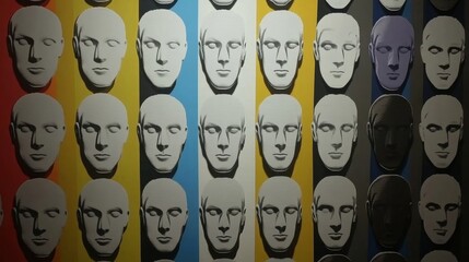 Poster - Abstract Faces in Colorful Stripes: A Pop Art Wall Installation