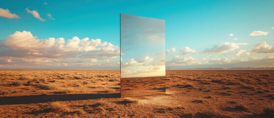 Poster - Surreal desert landscape with a large reflective mirror reflecting a different sky and clouds Concept of parallel universe, alternate reality, illusion, and dream