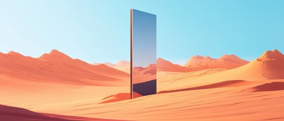 Fototapete - Surreal desert landscape with a mysterious reflective monolith at sunrise Minimalist abstract art with vibrant orange sand dunes and a large rectangular mirror reflecting the sky Concept of mystery, i