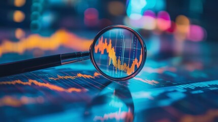 Poster - Magnifying glass over stock market graphs