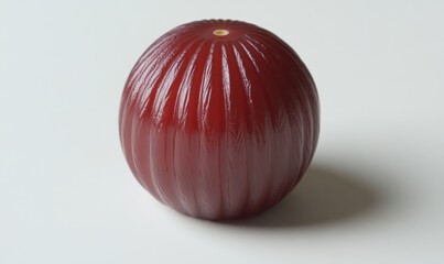 Wall Mural - Glossy red spherical object with ribbed texture on a white background, emphasizing its shape